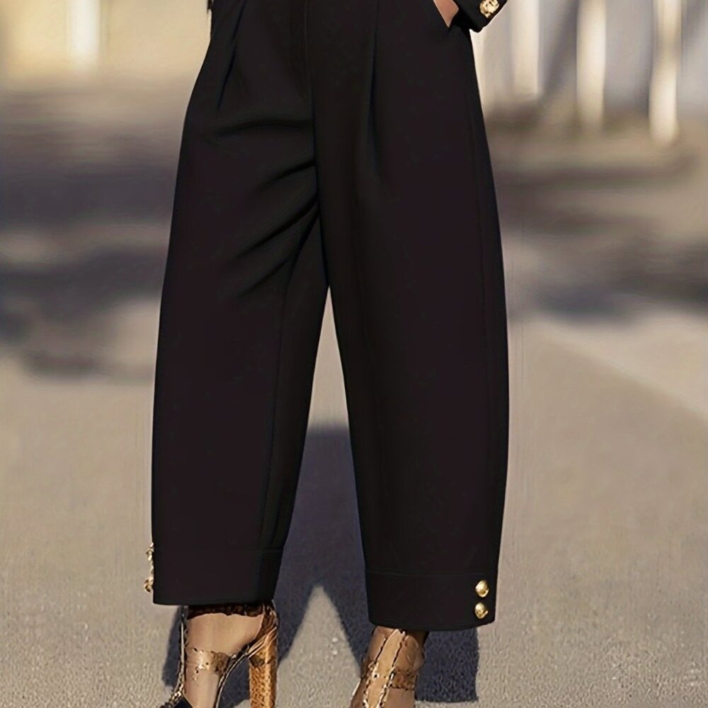 Black High Waist Cropped Wide Leg Pants Gold Button Detail Size L 8/10 - Picture 3 of 7